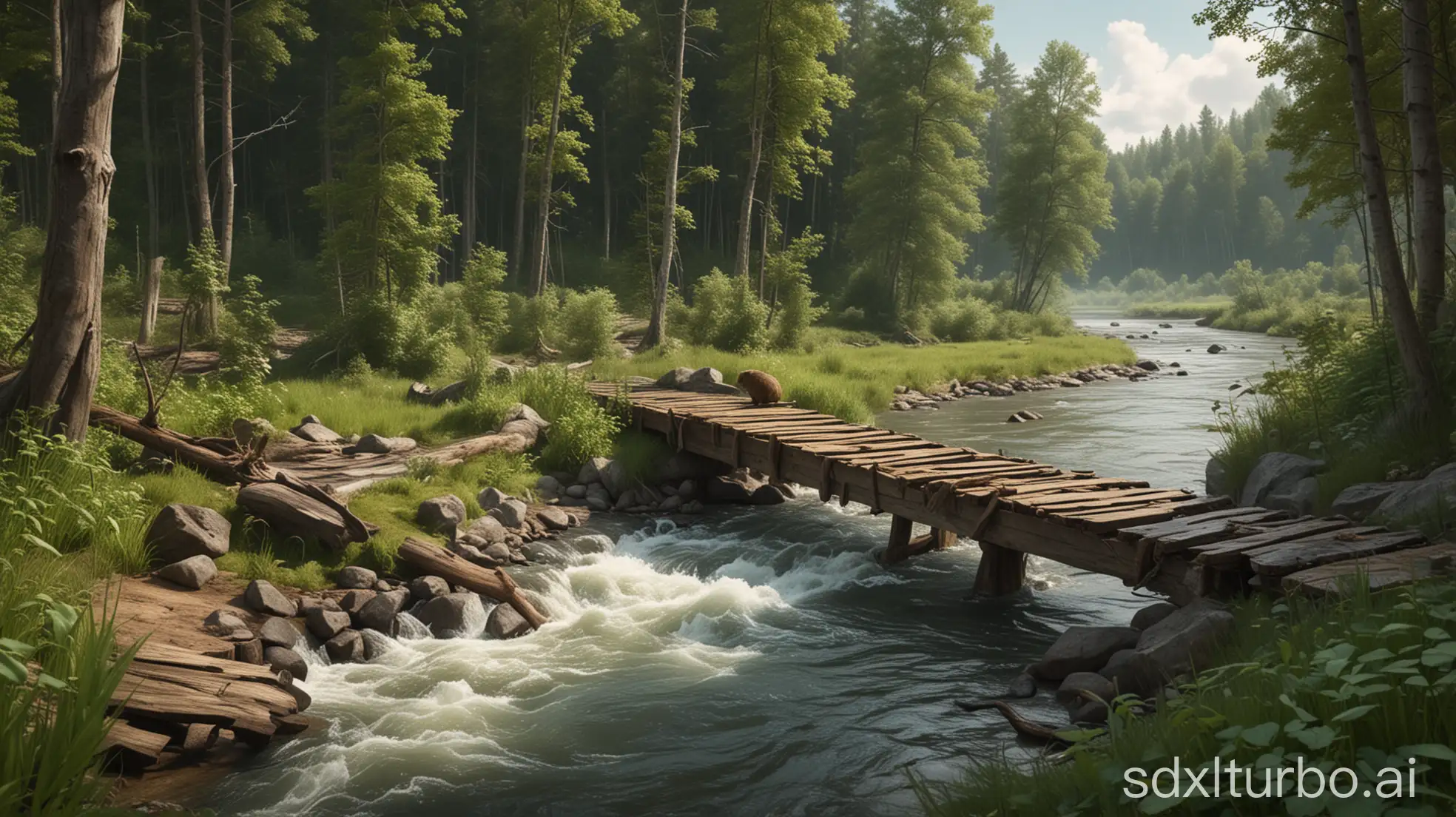 A fast-flowing river with turbulent water, surrounded by lush forest. On the riverbank, a beaver is gesturing toward a makeshift wooden bridge, offering help. The scene is lively and dynamic. Realistic and detailed style.