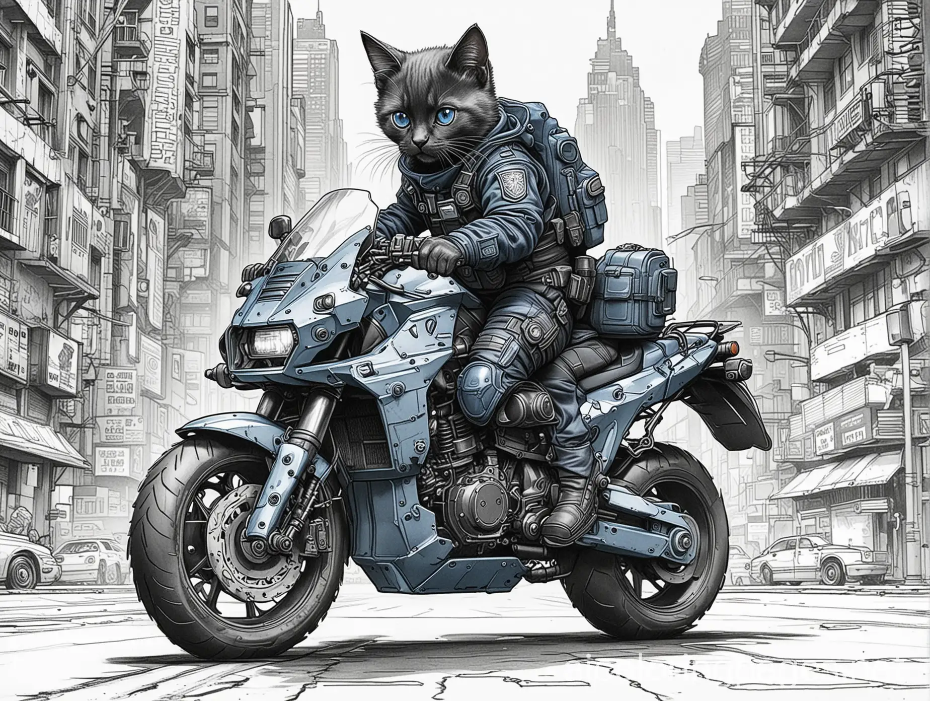 Black-Kitten-in-Mech-Gear-Riding-Police-Motorcycle-in-Cyberpunk-City-Coloring-Page