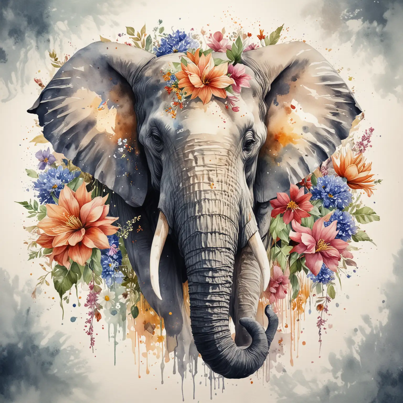 Watercolor Painting of a Majestic Elephant Head Surrounded by Beautiful Flowers