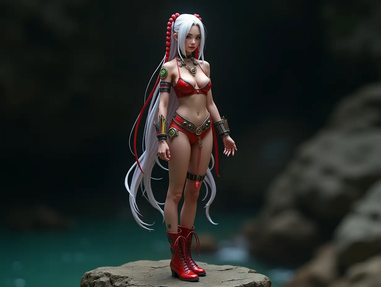 user_prompt: Hyperrealistic depiction of a beautiful Asian woman with a smiley face tattoo, long white hair with red braided hair and laced boots, standing on a rock with intricately detailed, colorful and futuristic jewelry, against a blurred black background in a 120-mm shot