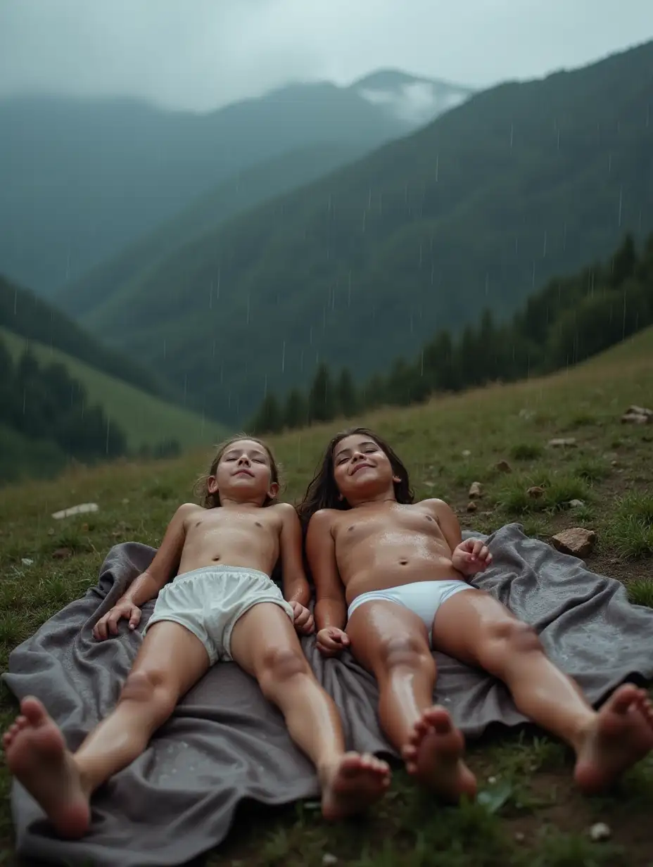 Adventurous-Young-Girl-and-Mother-Bonding-in-the-Rain-on-a-Mountain