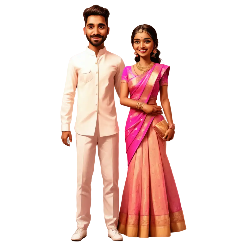 South-Indian-Wedding-PNG-Caricature-Celebrating-the-Vibrant-Traditions-in-Pinkish-Attire