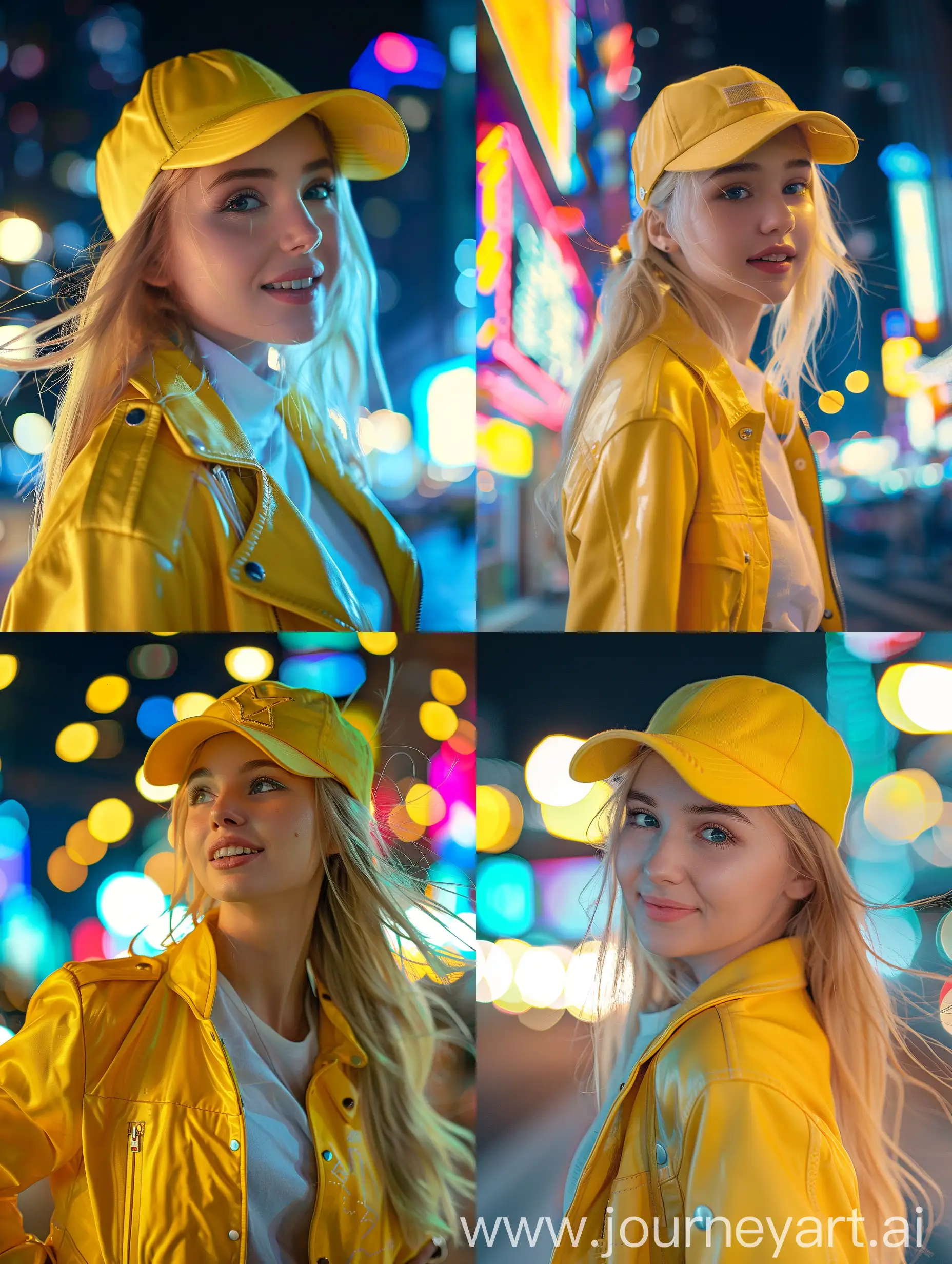 Smiling-Slavic-Girl-in-Yellow-Jacket-Walking-in-Night-City-Lights