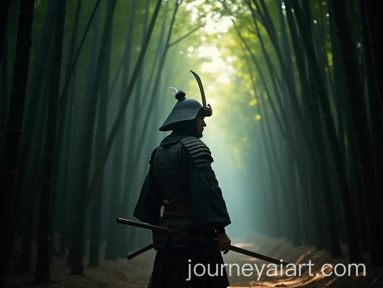 Samurai-Standing-in-Bamboo-Forest-with-Cinematic-Lighting-and-Dramatic-Shadows