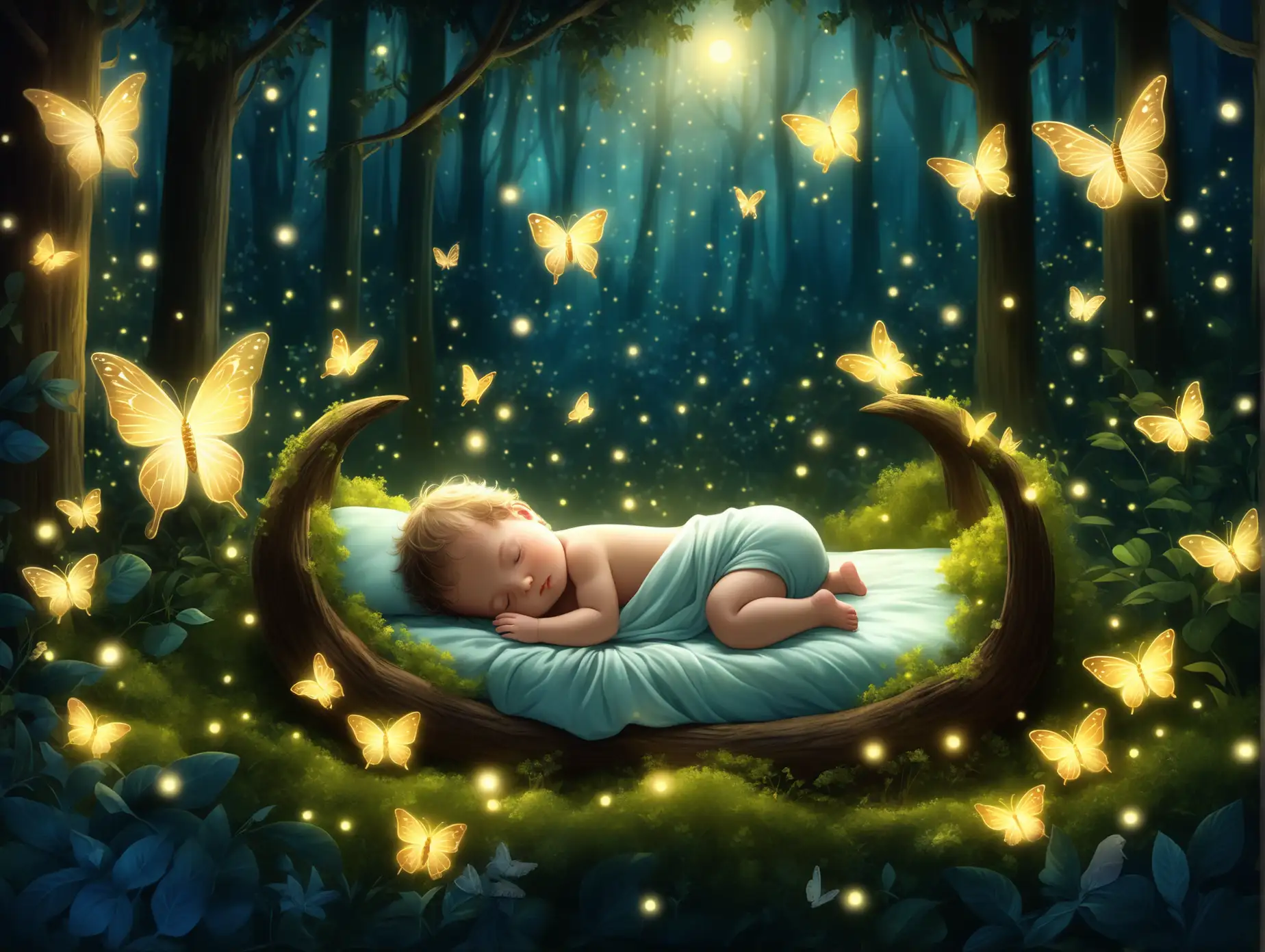 Create a dreamy and magical scene of a baby peacefully sleeping in a glowing forest. The baby is lying on a soft, cozy bed surrounded by lush greenery, glowing fireflies, and soft yellow light illuminating the dark forest. Butterflies gently flutter around, adding a whimsical touch. The atmosphere is serene, enchanted, and comforting, with a warm, magical glow emphasizing the child's peaceful slumber.