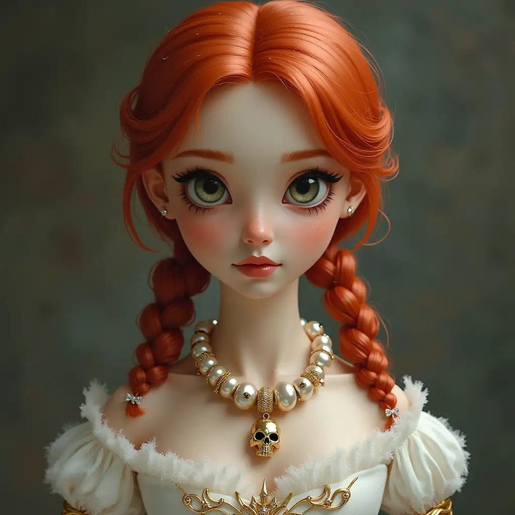 Princess red braids white dress with pearl necklace with black skulls,with golden shoes