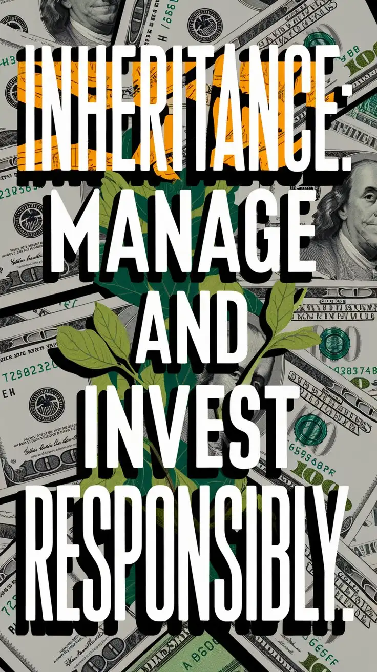 Inheritance: Manage and invest responsibly. in typography with a background of money.