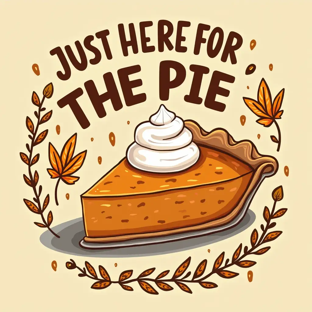 Vector. Create a vibrant, fall-themed image featuring a slice of pumpkin pie with a dollop of whipped cream. The pie should be surrounded by leopard print patterns and have a rustic, homemade appearance. The phrase 'JUST HERE FOR THE PIE' should be written boldly, in a contrasting font. The overall mood should be playful and festive.