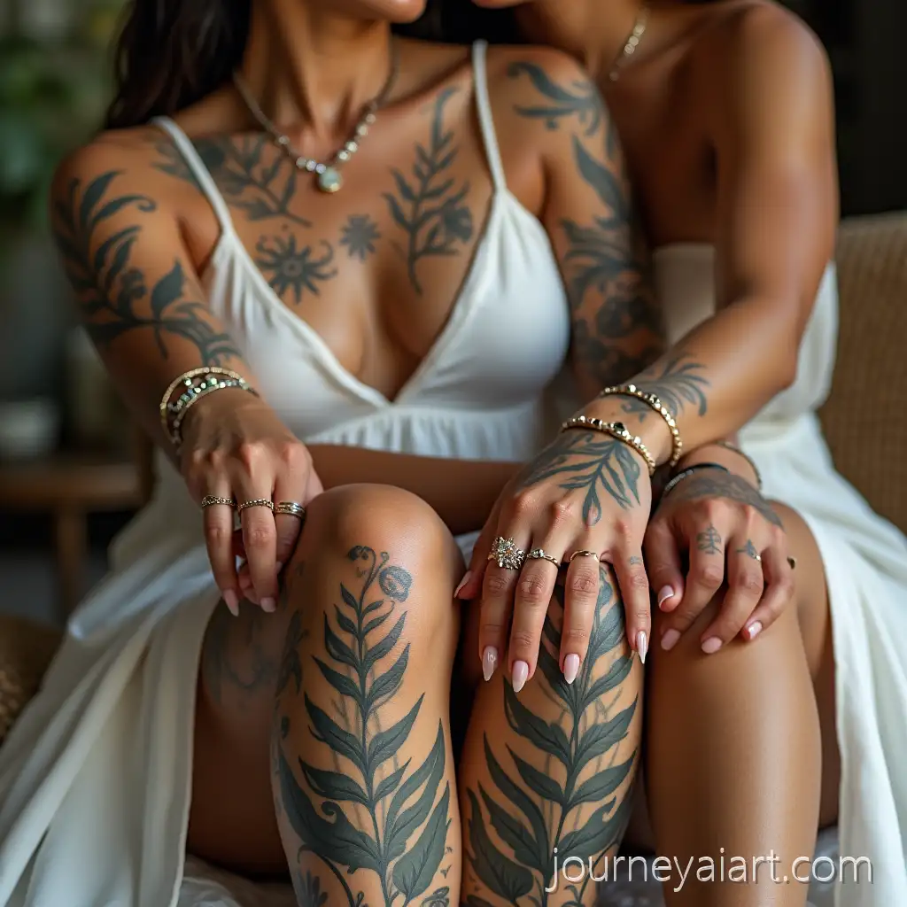 Lesbian-Couple-Embracing-with-Botanical-Tattoos-and-IntrLesbian-couple-embracing-tattoosicate-Jewelry