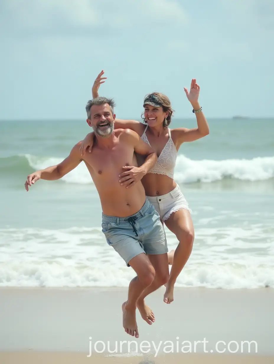 Elegant-Woman-and-Elderly-Gentleman-Flying-Together-on-Beach