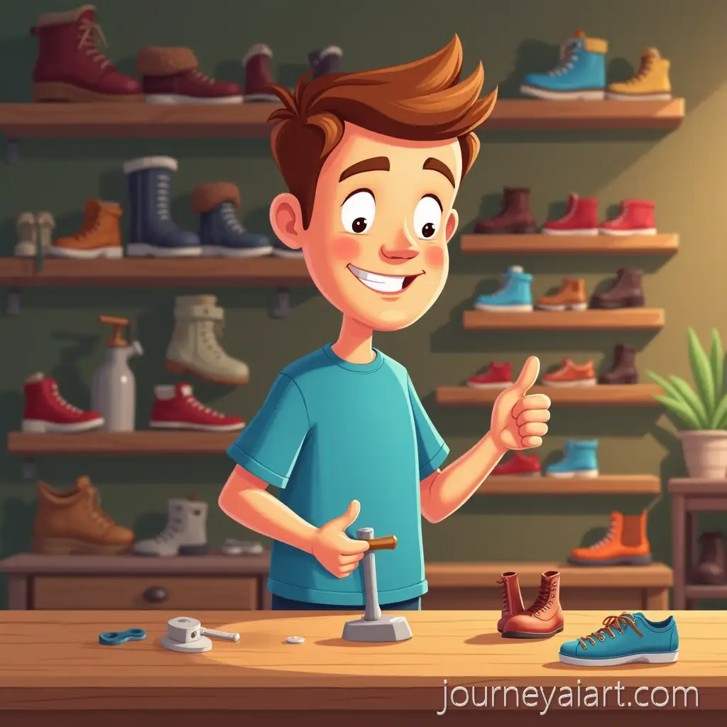 Cartoon-Man-in-Workshop-with-Colorful-Shoes-Holding-Hammer