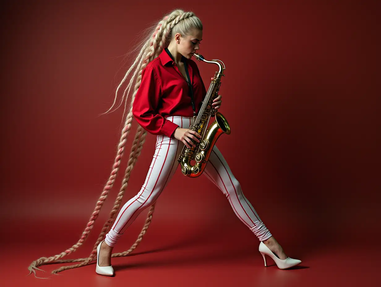 Ultradetailed, hyperrealistic, photorealistic portrait of a woman with long braided white-red mixed hair reaching the floor, red blouse, white high heels and tight white-red striped short pants, playing with saxophone texture, surfaces and lighting to give depth, dimension and colorful fotorealistic appearance, 120mm shot