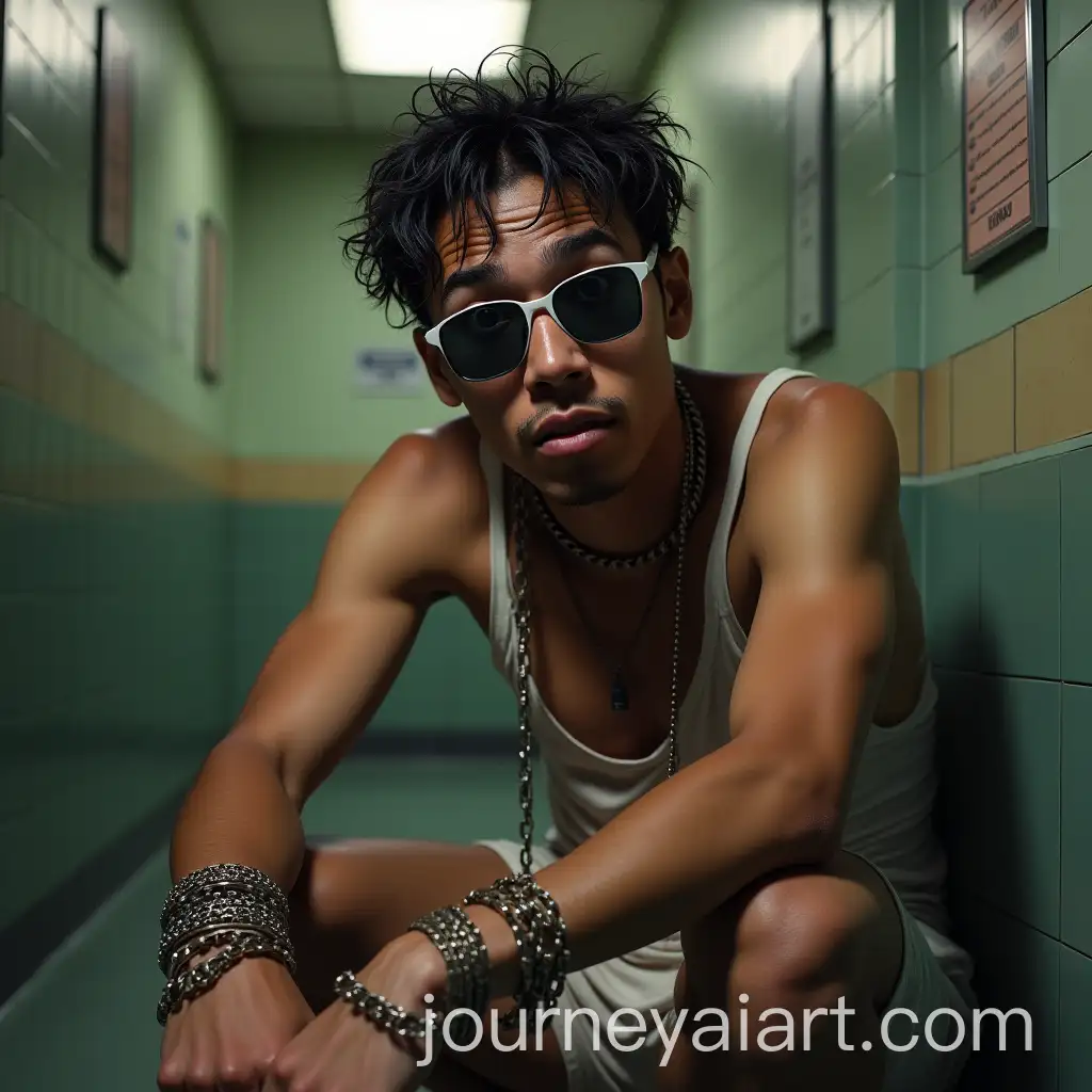 Eccentric-Young-Man-with-Bandaged-Nose-and-Chains-Wearing-Sunglasses-and-Pajamas-in-Police-Station
