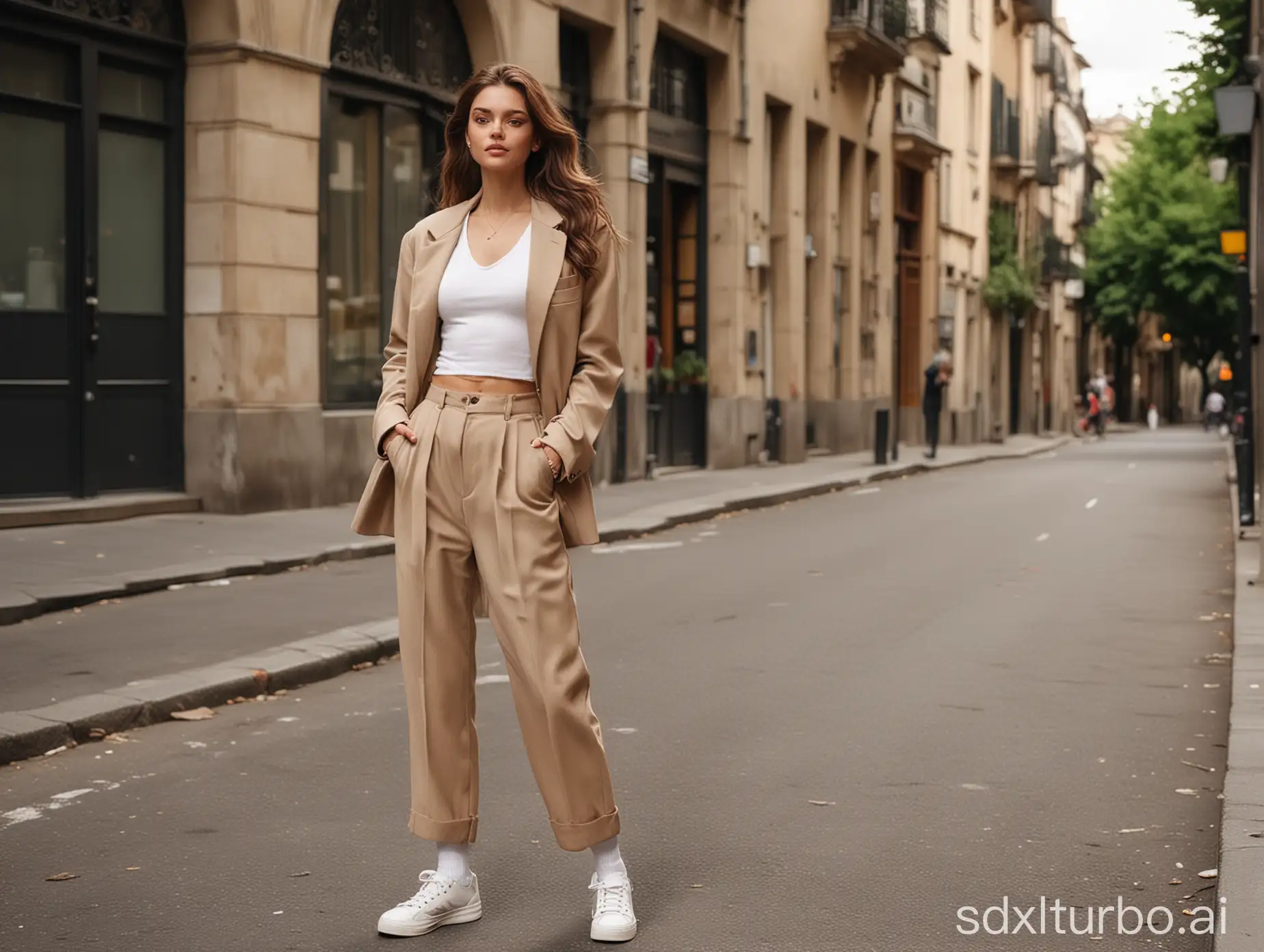 Design a hyper-realistic virtual influencer optimized for Instagram. She is a stylish young woman aged 22–28, with a clean, aspirational look that fits perfectly in fashion and lifestyle content. She has long wavy brown hair, striking green eyes, fair skin with soft freckles, and a warm, magnetic smile. Her outfit follows current fashion trends: a neutral-toned crop top, oversized beige blazer, high-waisted trousers, and trendy designer sneakers. She poses confidently in a clean urban setting—like a chic street in Milan, Paris, or Copenhagen—with soft natural lighting and a shallow depth of field, perfect for Instagram. The photo should feel authentic, aspirational, and influencer-style—like a curated candid taken with a high-end smartphone. Include subtle Instagram aesthetics: warm tones, soft shadows, and a slightly polished look.