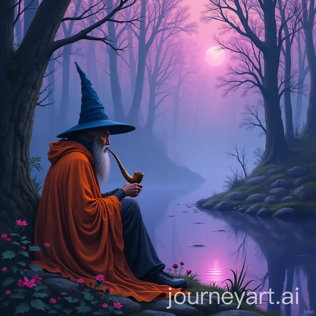 Mystical-Wizard-by-a-Purple-Lake-in-a-Foggy-Fairy-Forest