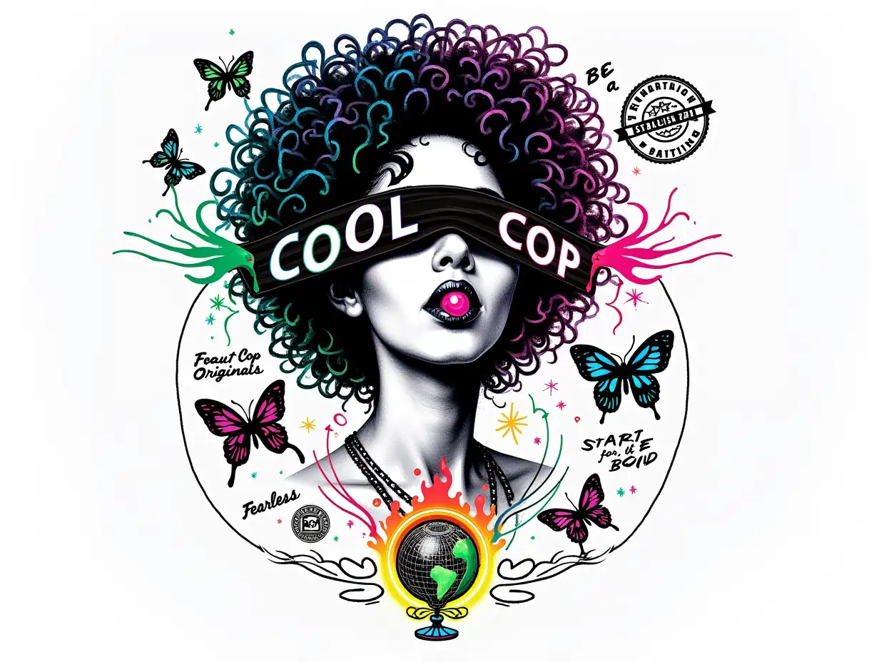 Surreal-Woman-with-RGB-Hair-Cool-Cop-Logo-and-Playful-Lollipop-in-Neon-Art-Design