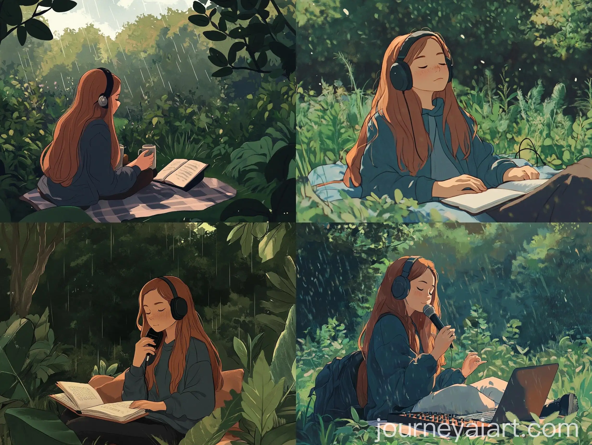 Girl-Enjoying-a-Lofi-Picnic-in-a-Botanical-Garden