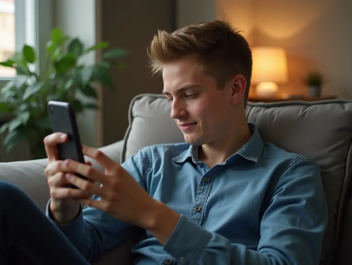 Relaxing on couch, teenage boy using smartphone and browsing social media at home