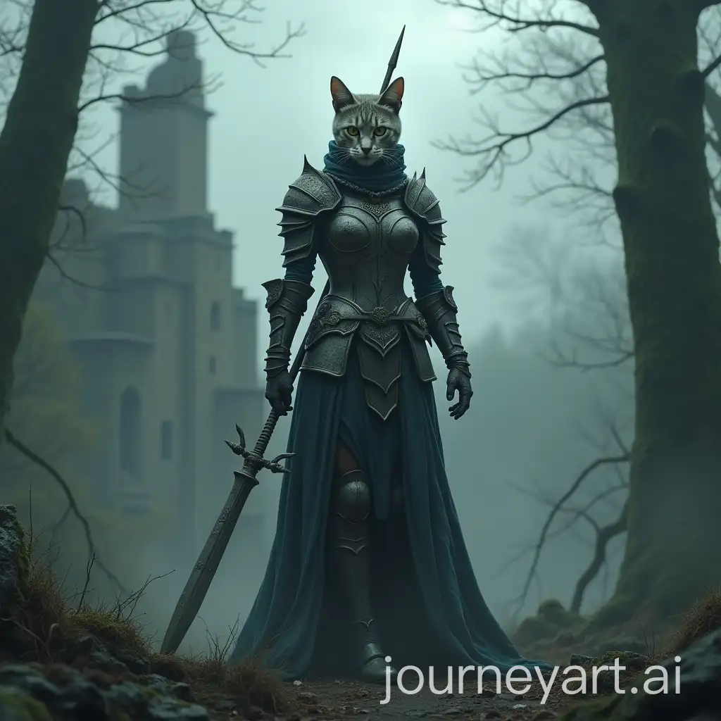 Brave-Female-Warrior-with-Spear-and-BattleScarred-Cat-in-Foggy-Forest-with-Ancient-Ruins