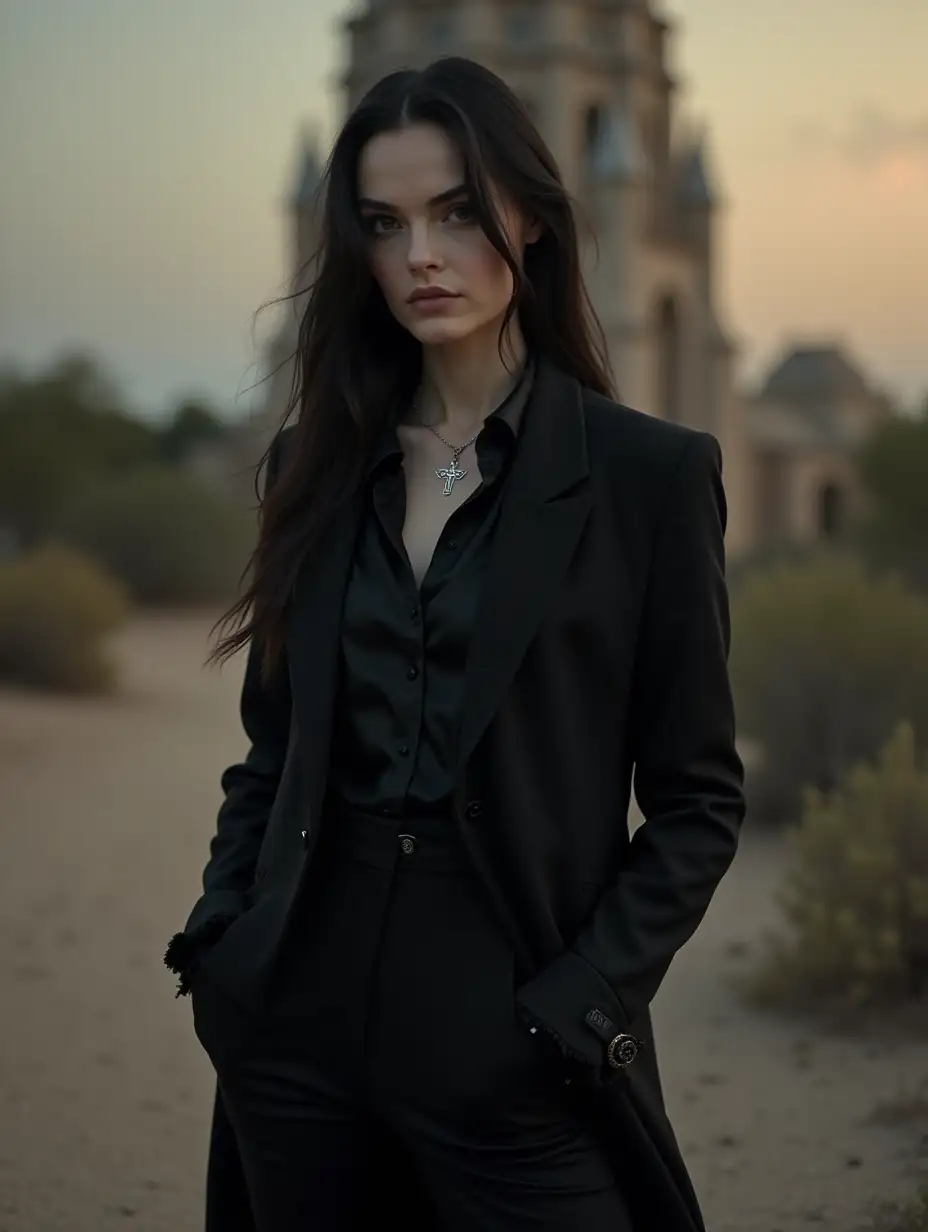 Mysterious-Woman-in-Tattered-Gothic-Suit-Outside-Arizona-Cathedral-at-Dawn