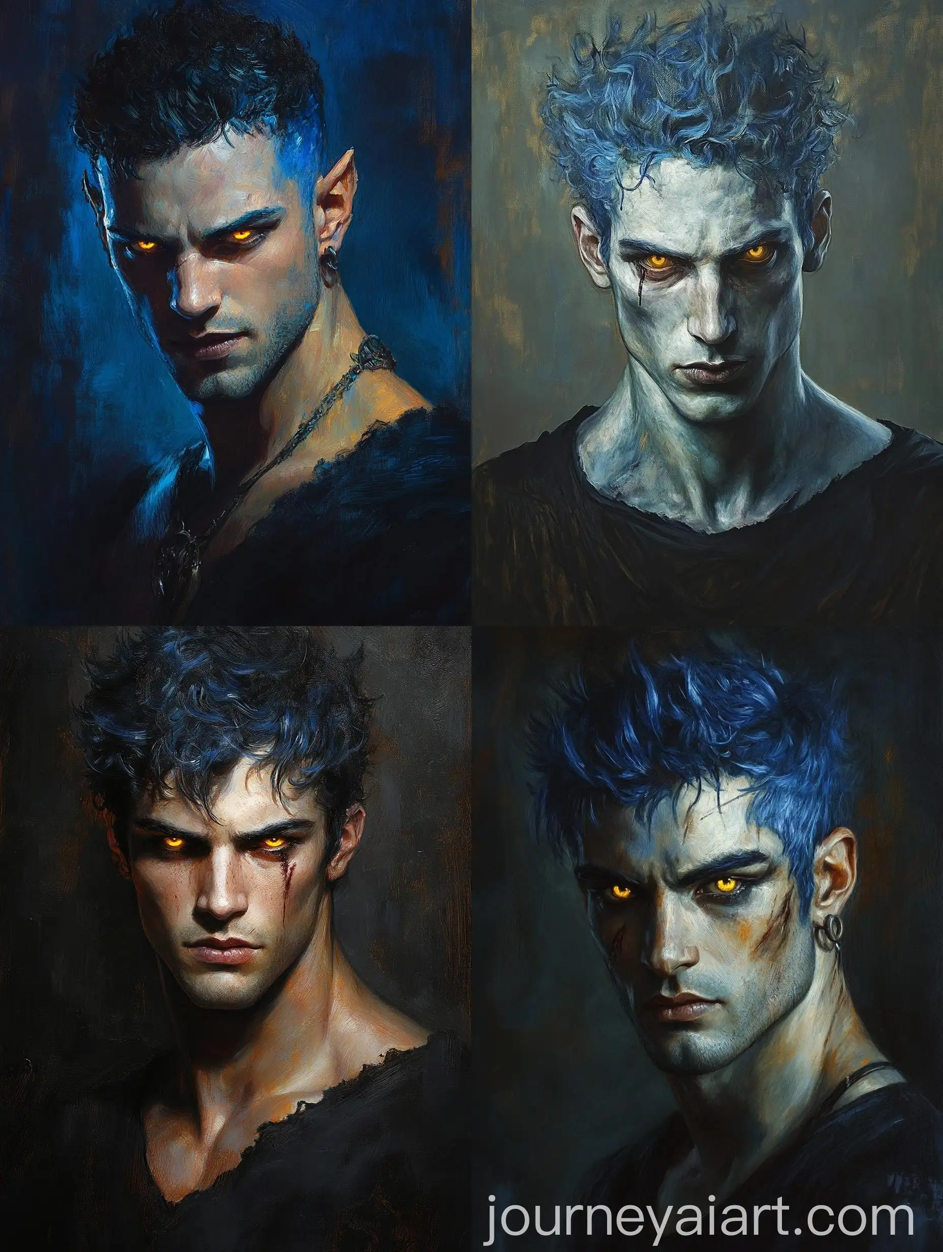 Hades-Hercules-Tall-Lean-Handsome-Male-Ashen-Skin-Blue-Flame-Hair-Yellow-Eyes-Dark-Circles-Dark-Lips-Sharp-Teeth-Evil-Smirk-Black-Greek-Tunika-Airy-SciFi-Steam-Punk-Detailed-Realistic-Figurative-Oil-Painting-on-Canvas