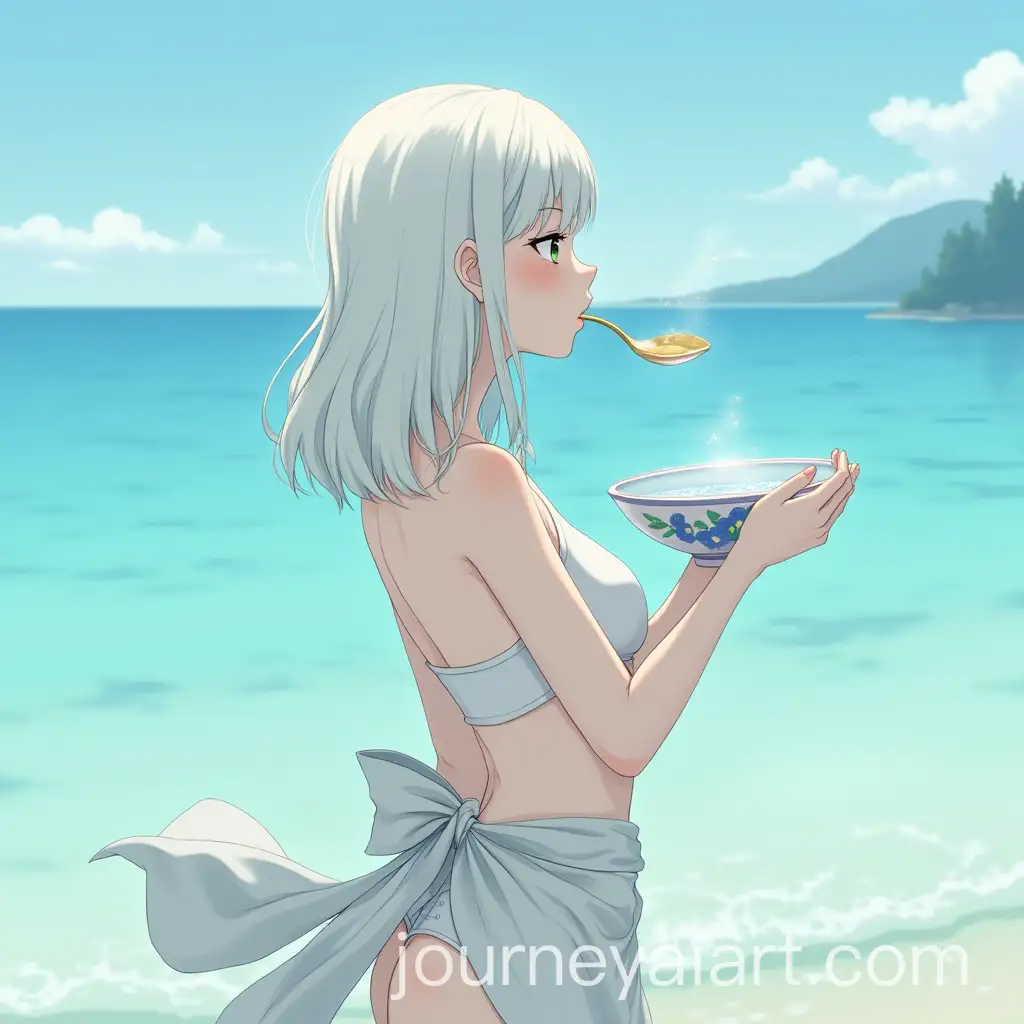 Elegant-Woman-by-the-Seaside-with-Reflective-Spoon-and-Metal-Pot