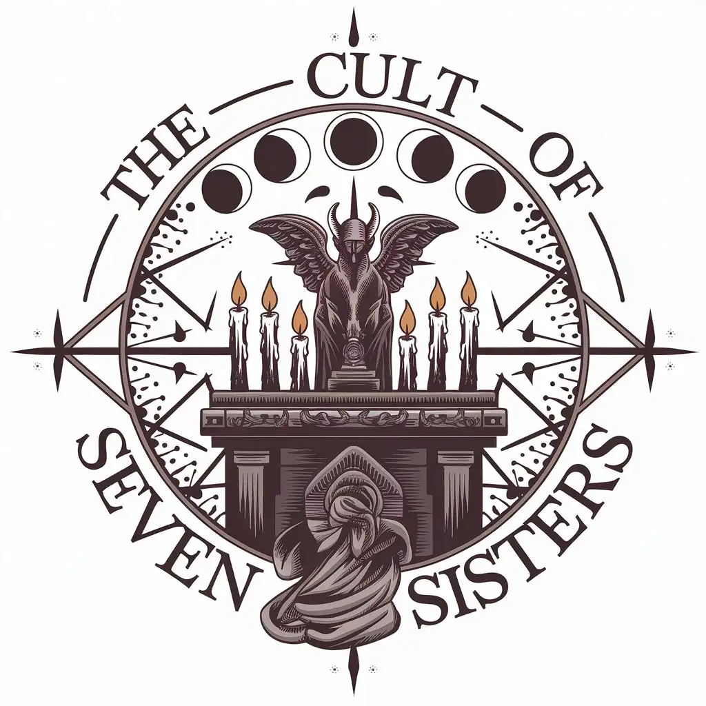 LOGO Design for The Cult Of Seven Sisters Hippie Occult Style with Satan Baphomet and Seven Moons