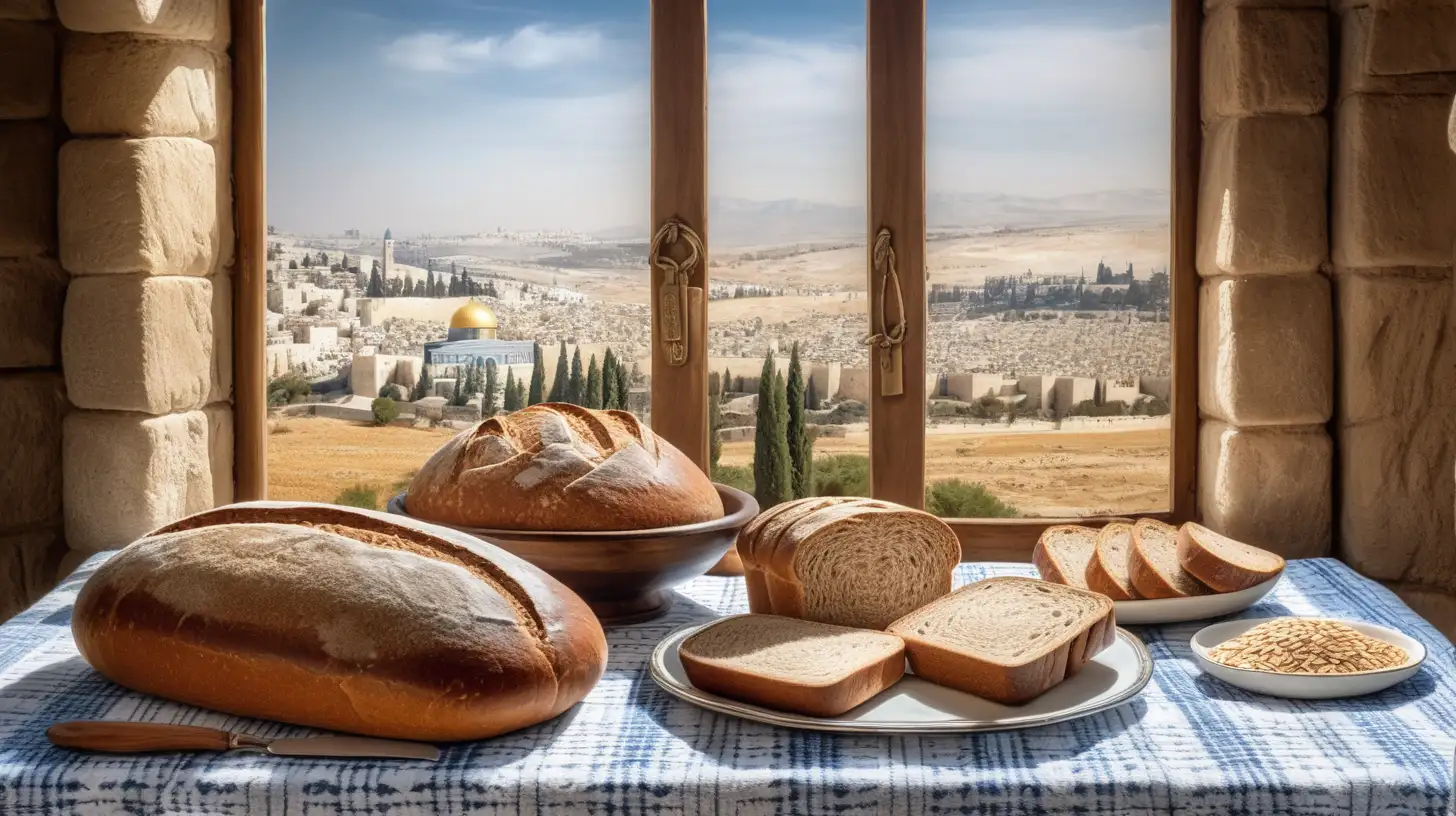 Ancient Biblical Loaves on Table with Jerusalem View