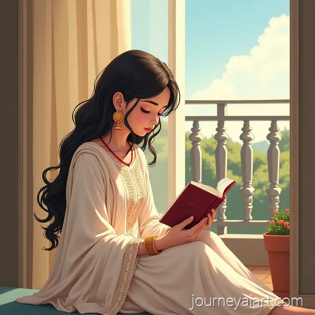 Indian-Girl-in-White-Salwar-Suit-Reading-Book-on-Balcony-with-Jumka-Earrings-Anime-Style