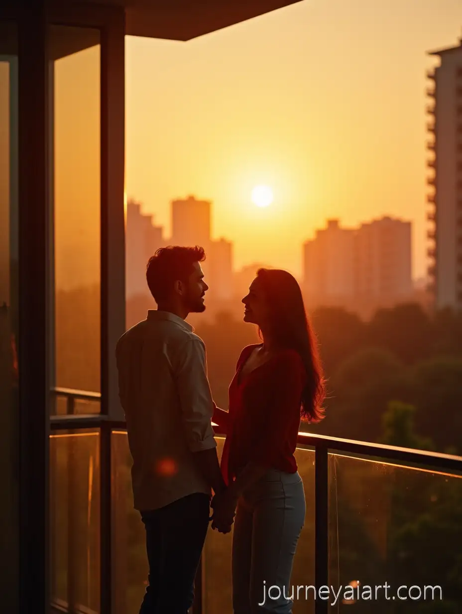 Indian-Couple-Enjoying-a-Romantic-Sunset-on-a-Modern-Apartment-Balcony