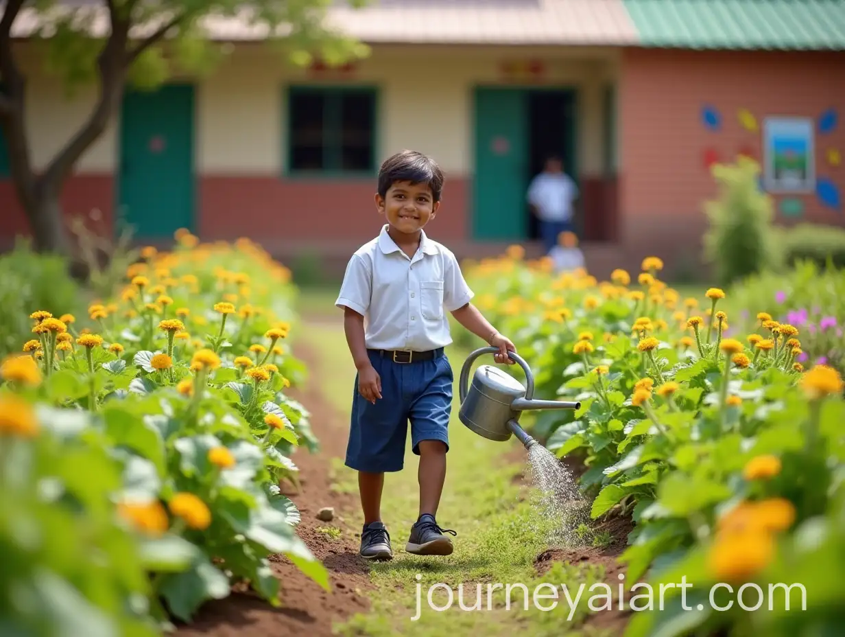 Indian-SchoolAI-Image-Prompt-Expansionboy-Watering-Plants-in-Lush-Garden-with-Educational-Murals