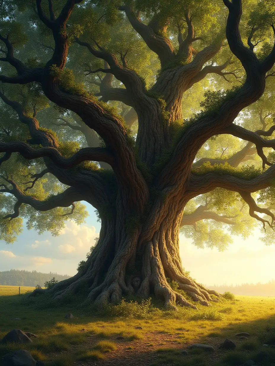 A majestic, ancient oak tree with sprawling branches and a thick, weathered trunk, golden light streaming through dense green leaves, textured bark and a carpet of grass and fallen leaves below, hints of life like a nest or swing subtly present, peaceful sky in the background, painterly semi-realistic style with rich natural textures and a sense of enduring strength