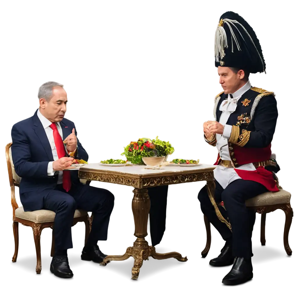 Netanyahu-and-Napoleon-Dining-at-a-Royal-Table-HighQuality-PNG-Image-for-Enhanced-Visual-Impact