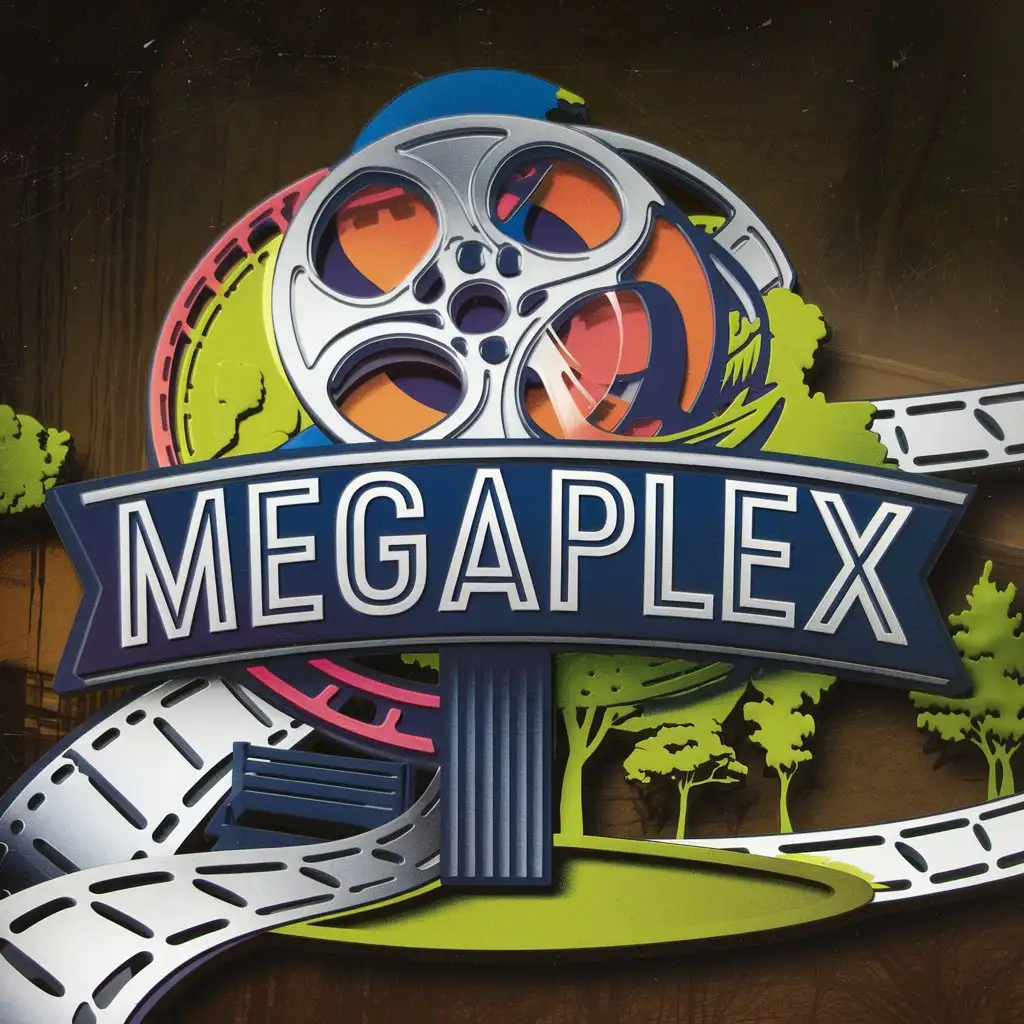 LOGO Design for Megaplex White Text with Movies in the Park Theme on Transparent Background