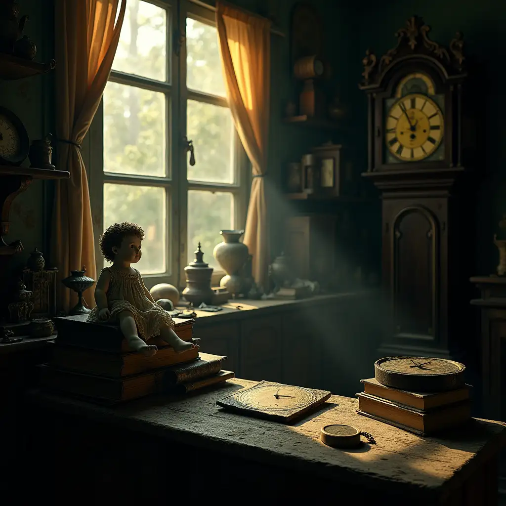 A dimly lit antique shop with weak sunlight streaming through a grimy window, illuminating dust particles suspended in golden beams. The shop is filled with eerie relics: a cracked porcelain doll sitting on aged books, a tarnished silver watch, and forgotten trinkets on dusty shelves. In the shadows, a grandfather clock with a cracked, yellowed face ticks ominously