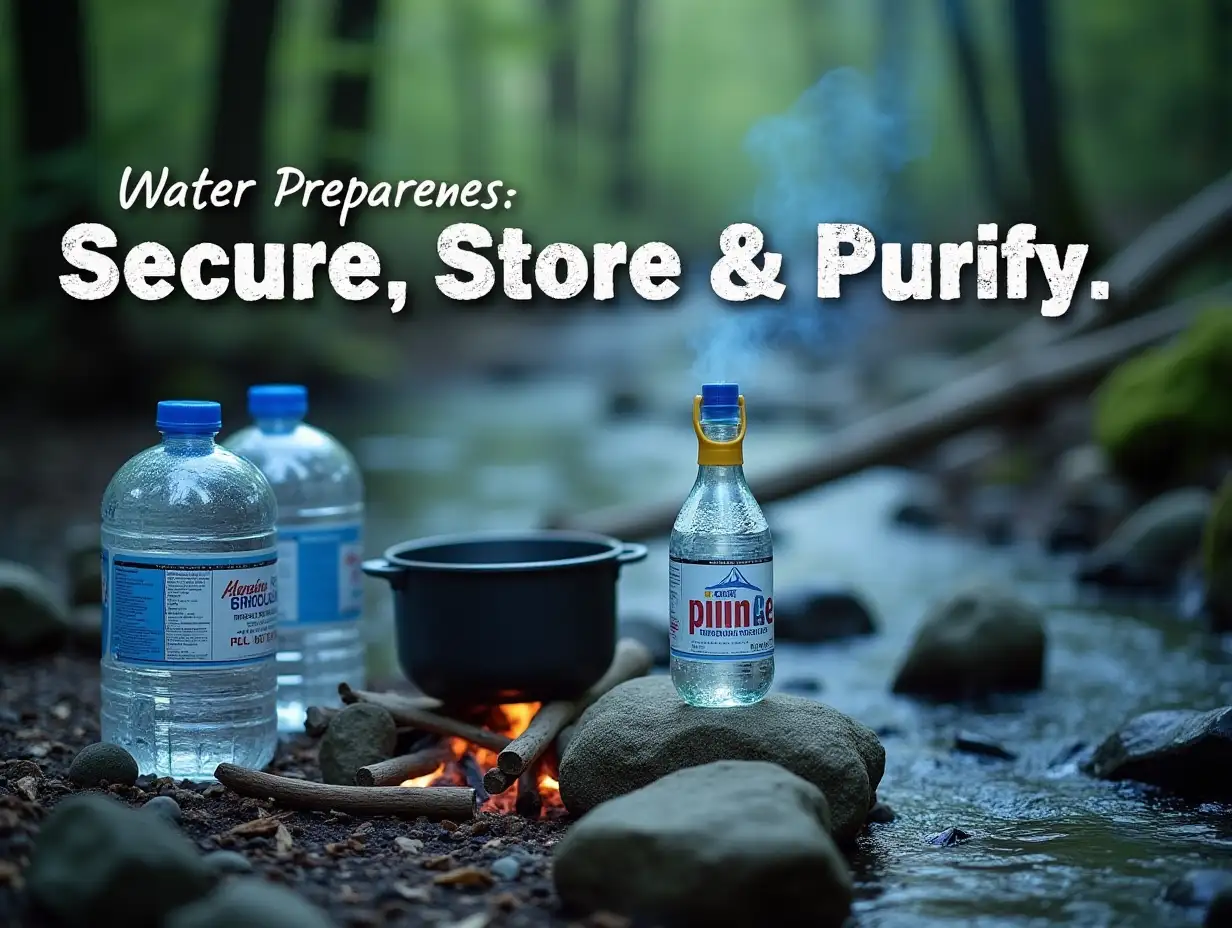 Create a detailed and visually engaging image description prompt for 'Beginner Prepper’s Journey: Week 3 – Water Preparedness.' The image should depict a practical and survival-focused water preparedness theme. Include a clear, portable water filtration device like a LifeStraw being used in a natural setting (e.g., a clear stream in a wooded area). Surround the main focus with essential water storage containers such as labeled food-grade water jugs and a boiling pot on a small campfire. The background should convey a survivalist tone, featuring a calm forest or an outdoor camping environment. Subtle text overlays like 'Water Preparedness: Secure, Store, Purify' can be included for emphasis. The color scheme should feel natural and reassuring, with blues, greens, and earthy tones dominating the scene.