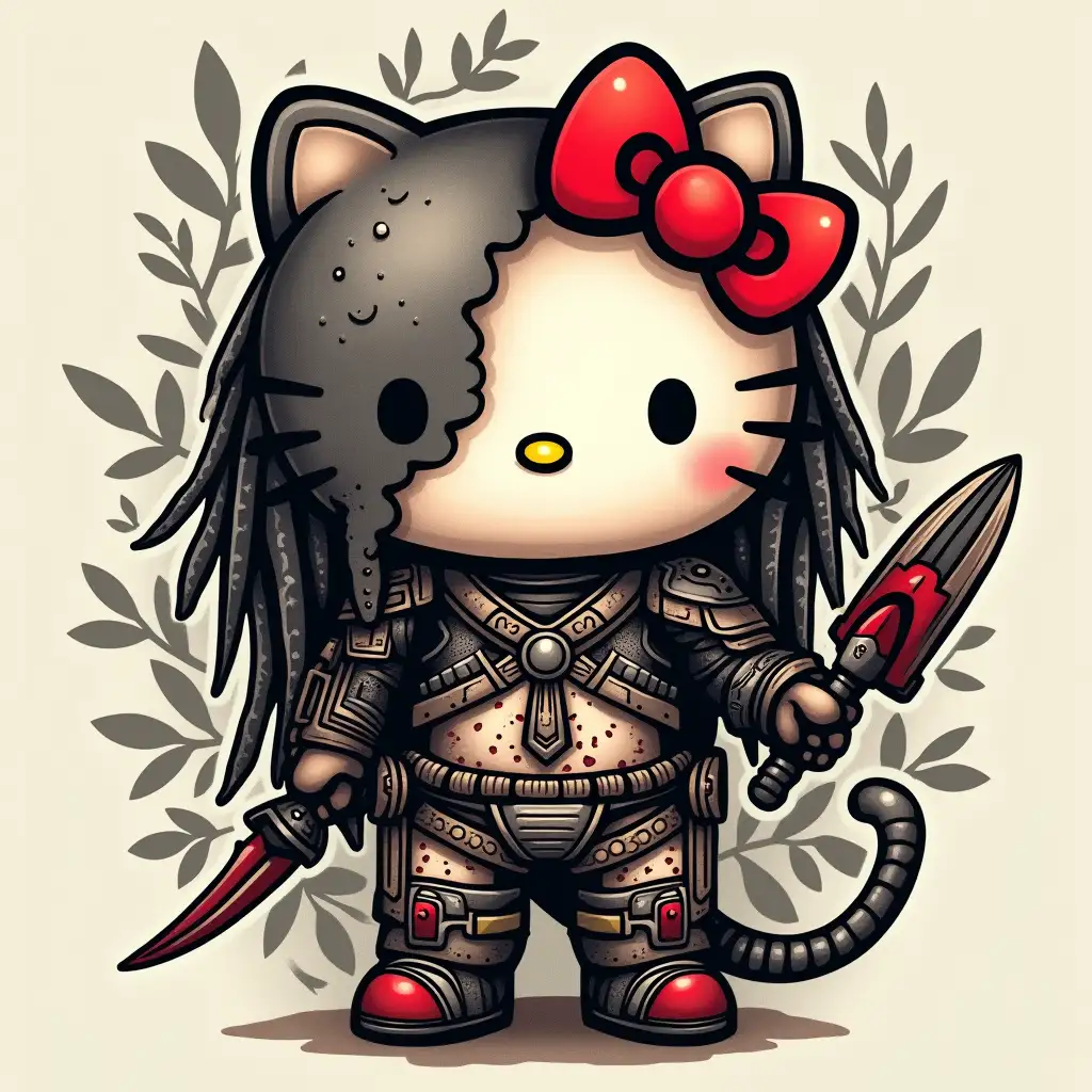 Hello-Kitty-and-Predator-Tattoo-Fusion-with-Tribal-Elements