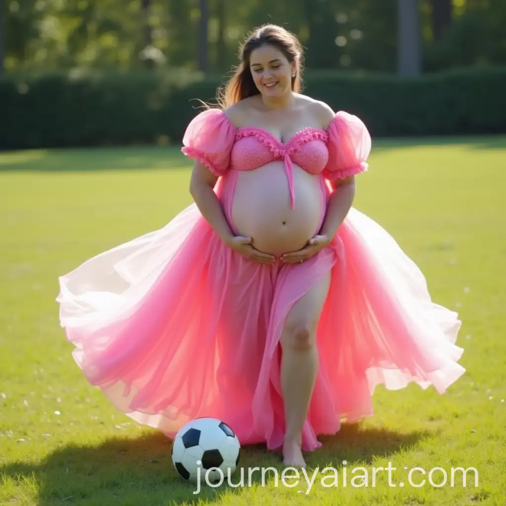 Pregnant-Woman-inAI-Image-Expansion-SEO-Pink-Ball-Gown-Kicking-a-Soccer-Ball-in-Grassy-Field