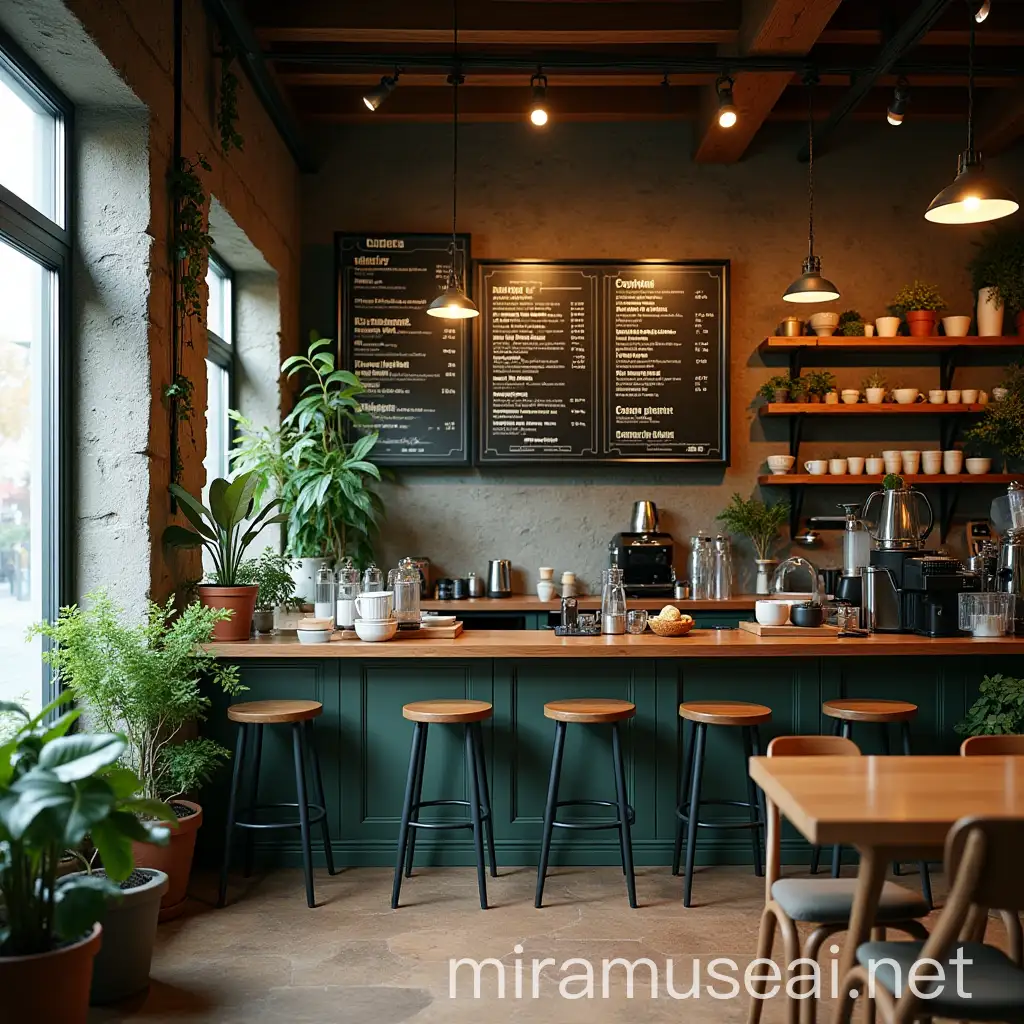 Serene Wood and Green Coffee Shop Interior