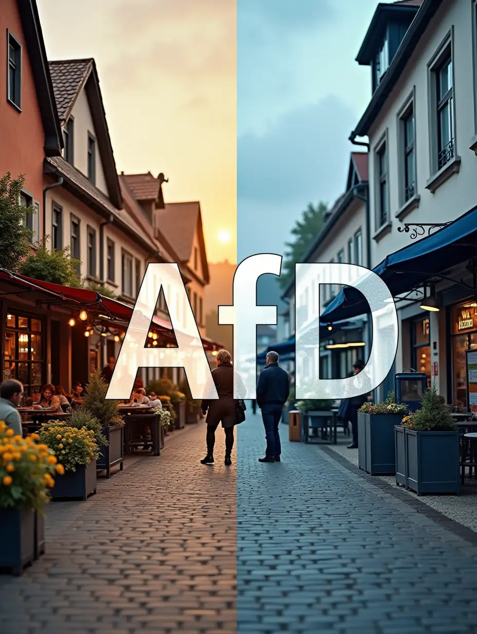 A photorealistic split-screen image showing the letters 'AfD' in clean, professional typography: The left side shows a traditional German marketplace with small businesses and entrepreneurs, symbolizing the social market economy. The right side displays a German border checkpoint with modern security equipment. The composition is balanced, shot in natural daylight with sharp details and realistic textures. The style is documentary-like, avoiding dramatic effects, in the manner of professional photojournalism. Both scenes are connected by the German flag colors subtly integrated into the background.