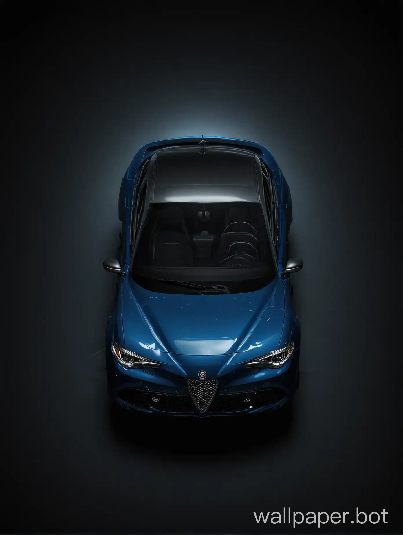 realistic black background with a small dimly lit 2024 Alfa Romeo Giulia in blue near the middle of the image