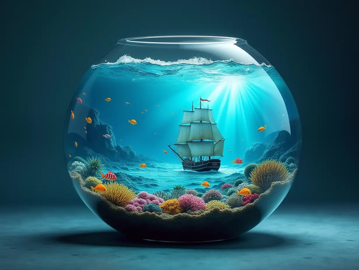 Create an oval glass container with an ocean with big waves,Fish,colorful corals under water, a large sailing ship and a 4K flash resolution