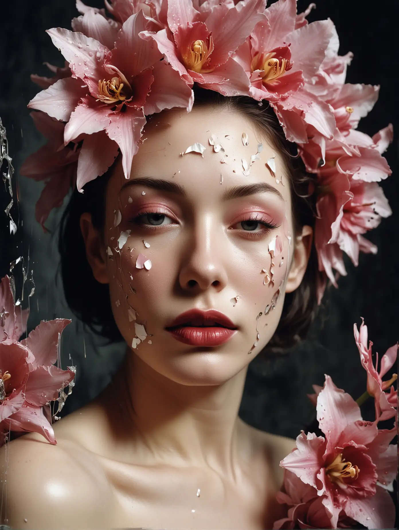 Surreal-Woman-Draped-in-Orchid-Petals-with-Reflected-Shattered-Mirror-and-AvantGarde-Jewelry