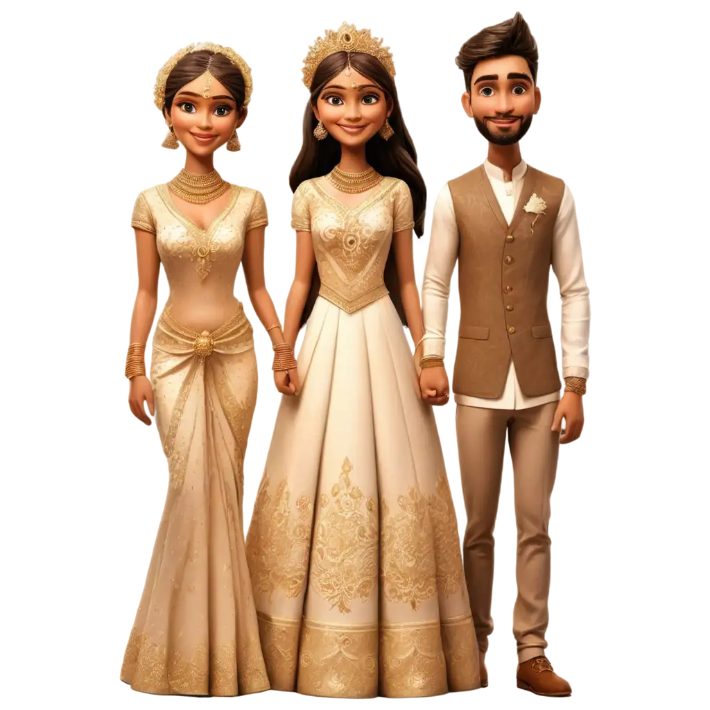 Stunning-Indian-Wedding-Ceremony-PNG-Caricature-Cartoon-Bride-and-Groom-in-Ivory-and-Gold-Attire