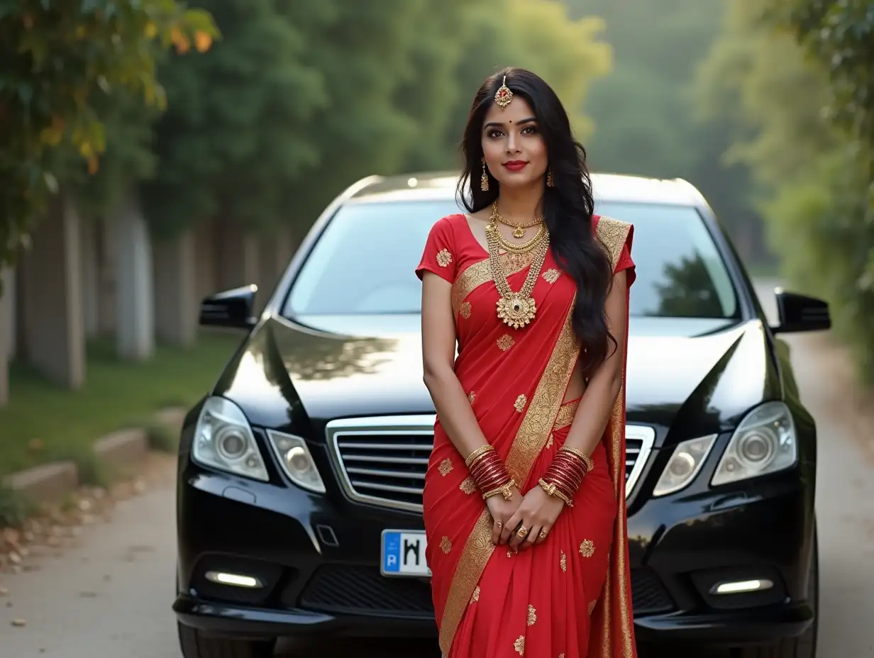 Indian-Hindu-Married-Woman-in-Saree-with-MercedesBenz-ESeries-Car