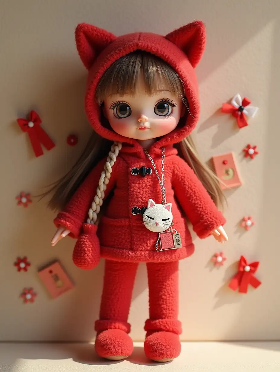 Create a doll, brand Xusha, with addition, red bag, cat and notes