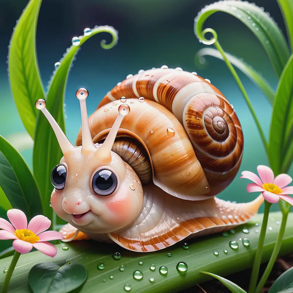 Kawaii Snail Coloring Page with Cute Spiral Shell and Flowers