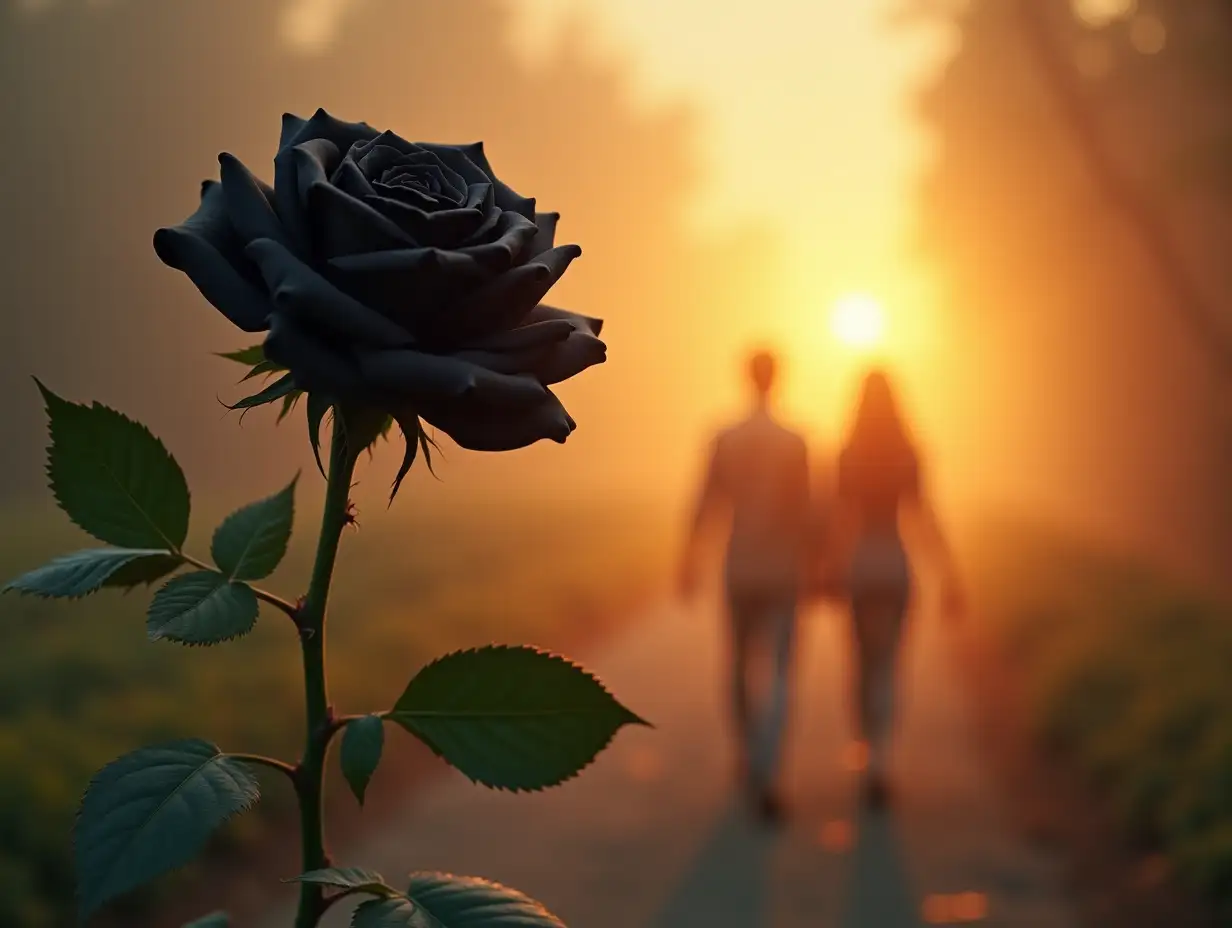 Create an image of a black rose on a green stem with thorns and leaves on the sides, background blurred, and two people walking towards the sunset on it