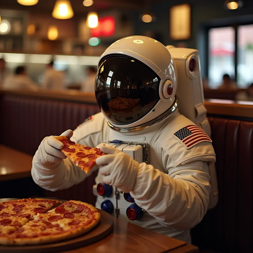 an astronaut sitting in the restaurant and eating pizza