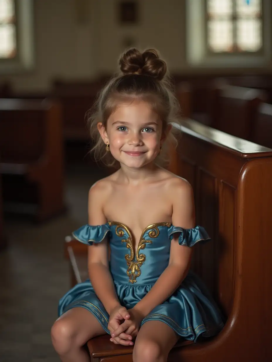 Shy-Girl-in-Ornate-Blue-and-Gold-Minidress-Sitting-in-Empty-Church